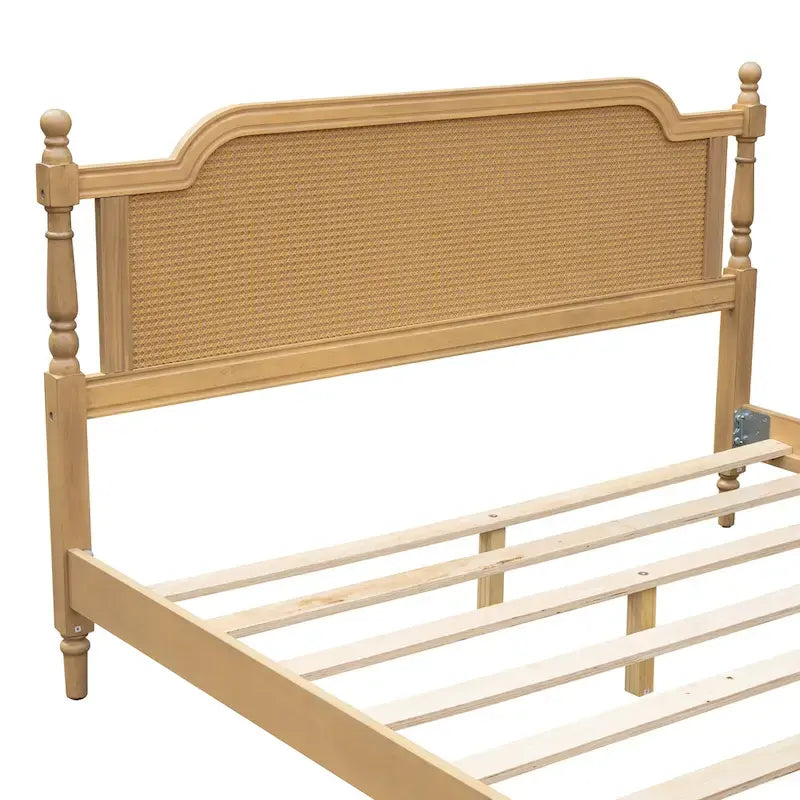 Natural Rattan Queen Bed Frame - Pine Wood - No Box Spring Needed