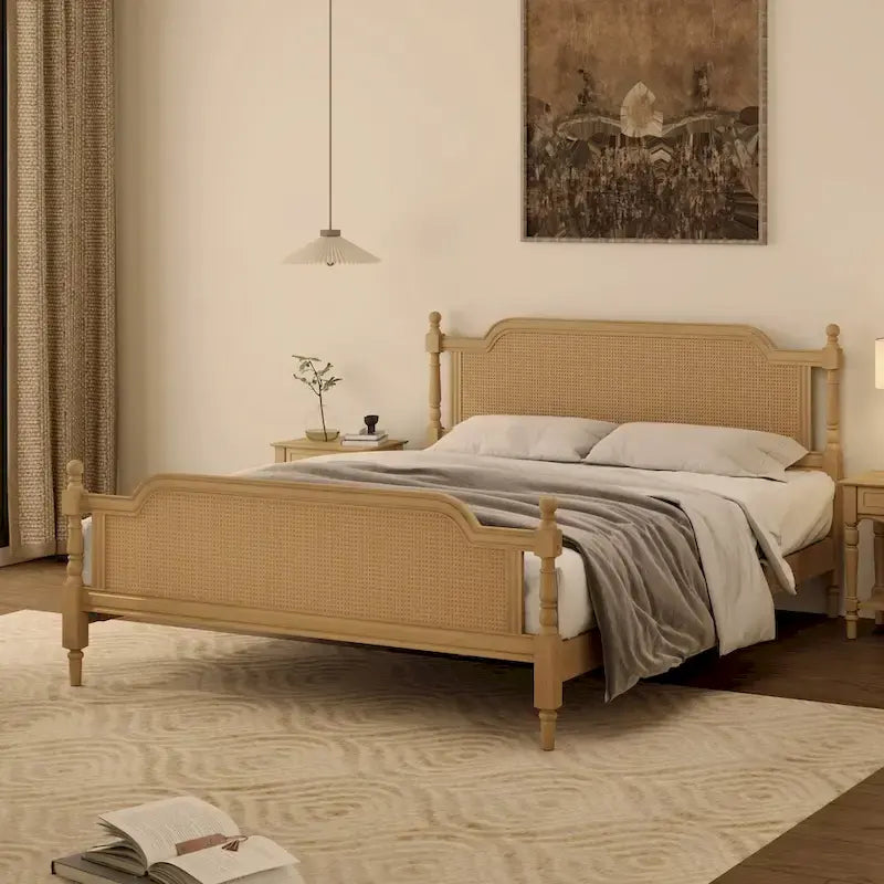 Natural Rattan Queen Bed Frame - Pine Wood - No Box Spring Needed