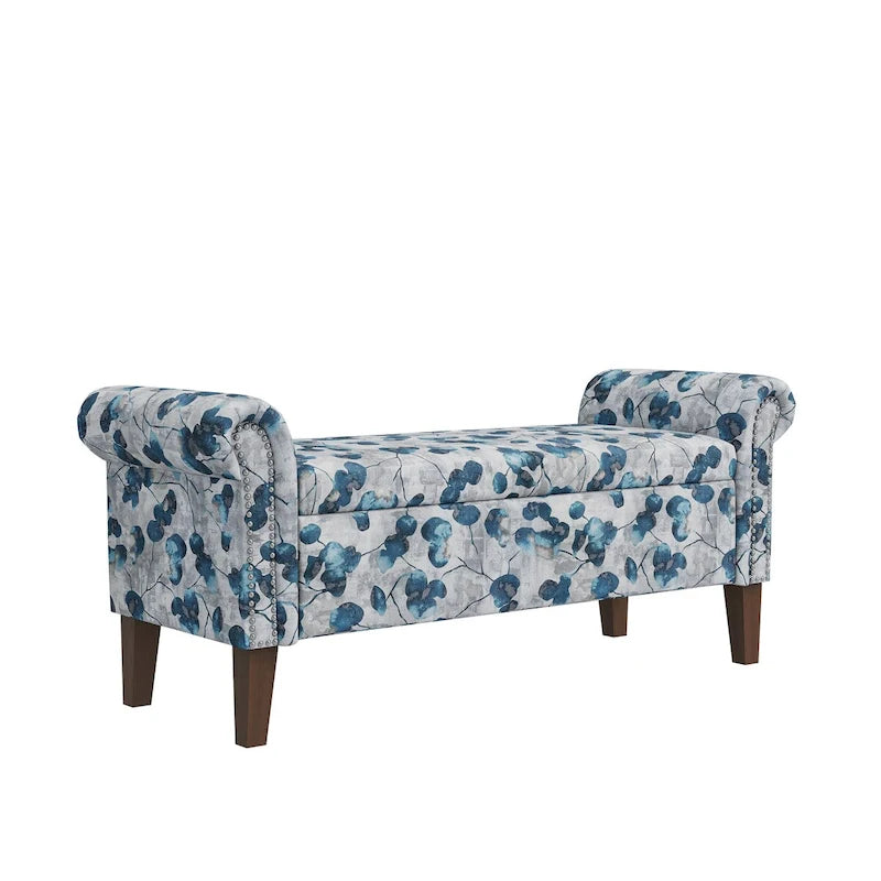 Wallen Traditional Rolled Arm Storage Bench Ottoman with Nailheads