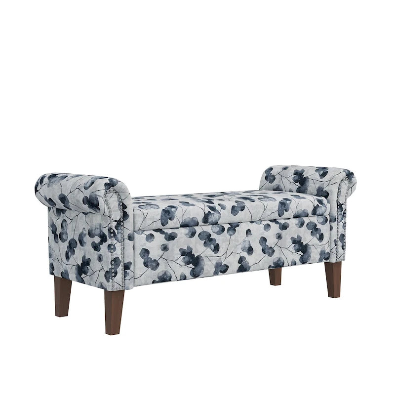 Wallen Traditional Rolled Arm Storage Bench Ottoman with Nailheads