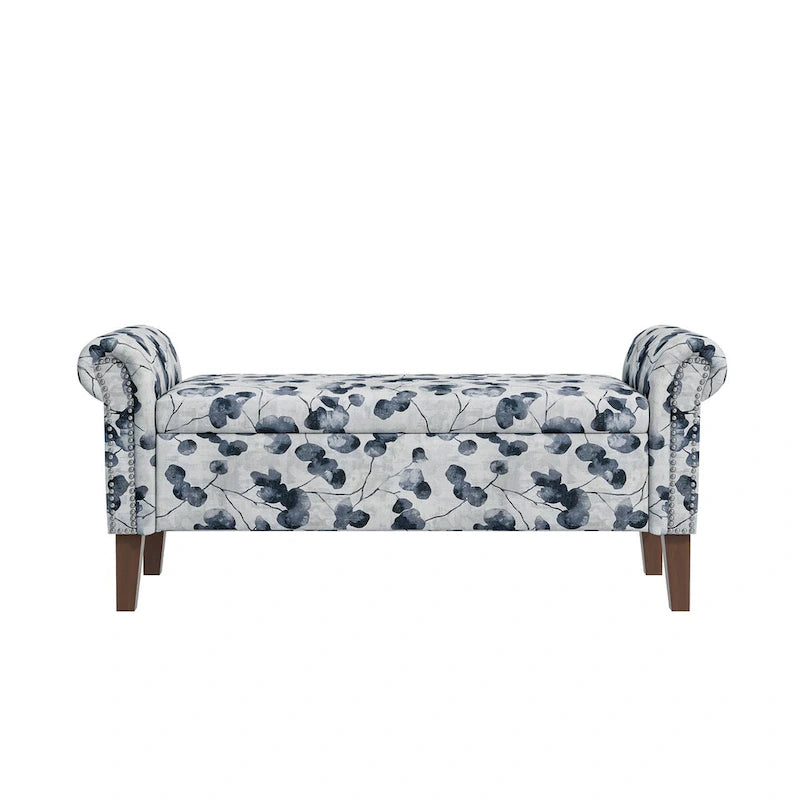 Wallen Traditional Rolled Arm Storage Bench Ottoman with Nailheads