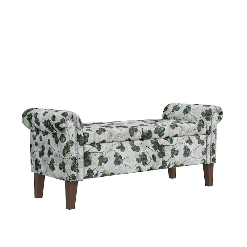 Wallen Traditional Rolled Arm Storage Bench Ottoman with Nailheads