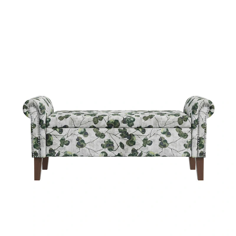 Wallen Traditional Rolled Arm Storage Bench Ottoman with Nailheads
