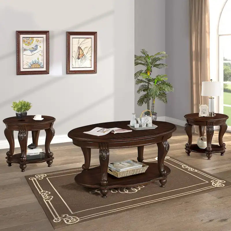 Coffee Table Set, Coffee Table & Two End Side Table 3-Piece Set for Office, Living Room, Chipped White and Cherry Top