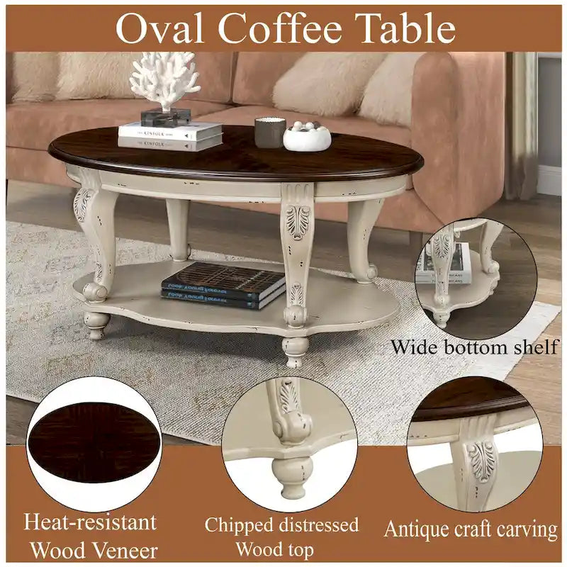Coffee Table Set, Coffee Table & Two End Side Table 3-Piece Set for Office, Living Room, Chipped White and Cherry Top