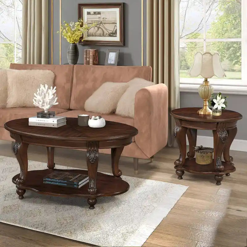 Coffee Table Set, Coffee Table & Two End Side Table 3-Piece Set for Office, Living Room, Chipped White and Cherry Top