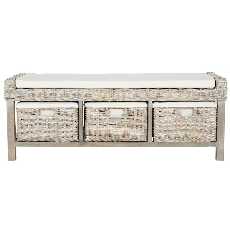  Rosalinda Rattan White 3-Drawer Storage Bench - 47Wx16Dx18H