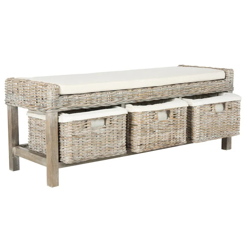 Rosalinda Rattan White 3-Drawer Storage Bench - 47Wx16Dx18H