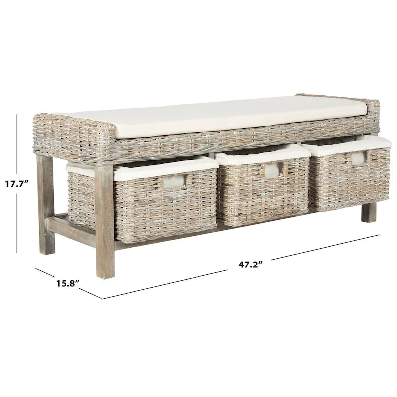 Rosalinda Rattan White 3-Drawer Storage Bench - 47Wx16Dx18H