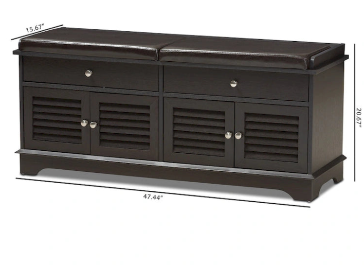 Dark Brown Double Drawer Shoe Storage Bench with Cushioned Seat